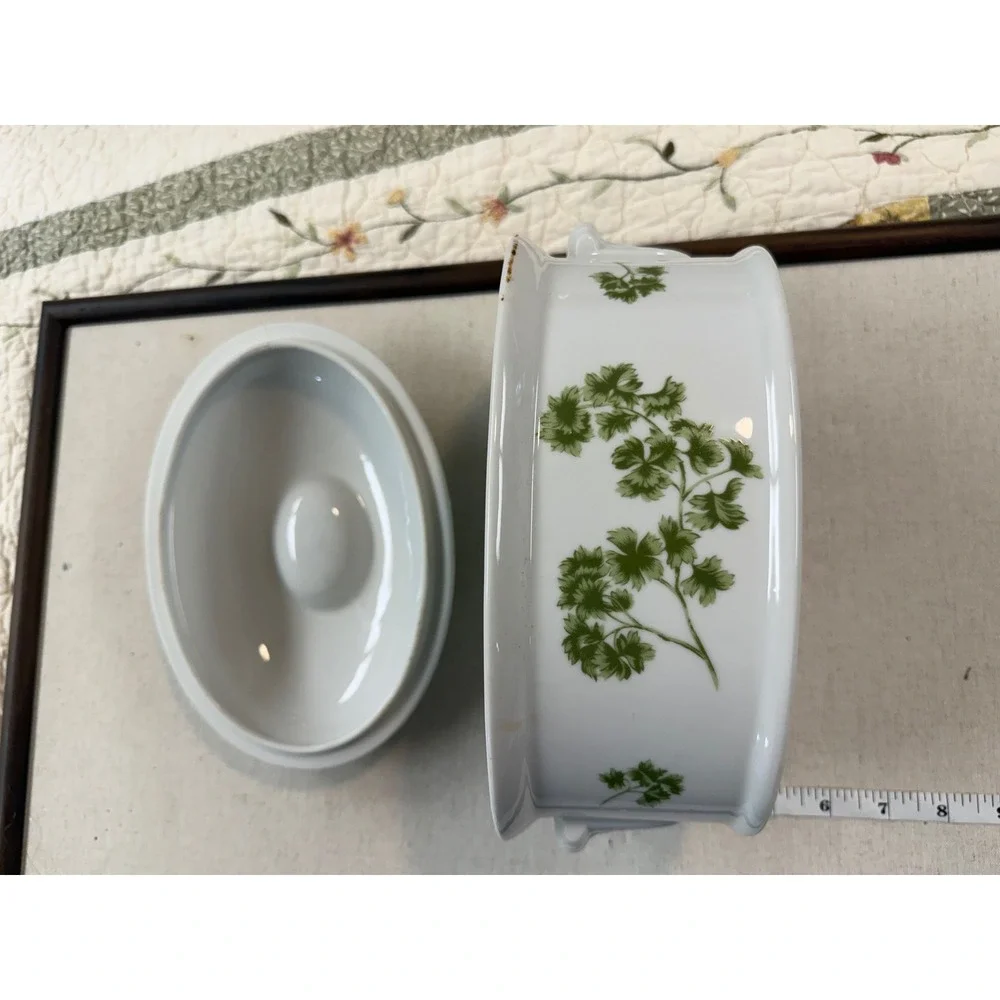Vintage Parsley Oven To Table Cookware Oval Casserole Dish with Lid Green White